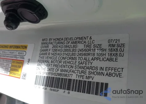 2021 Honda Pilot Awd Ex-L from USA, damaged, VIN 5FNYF6H52MB098377